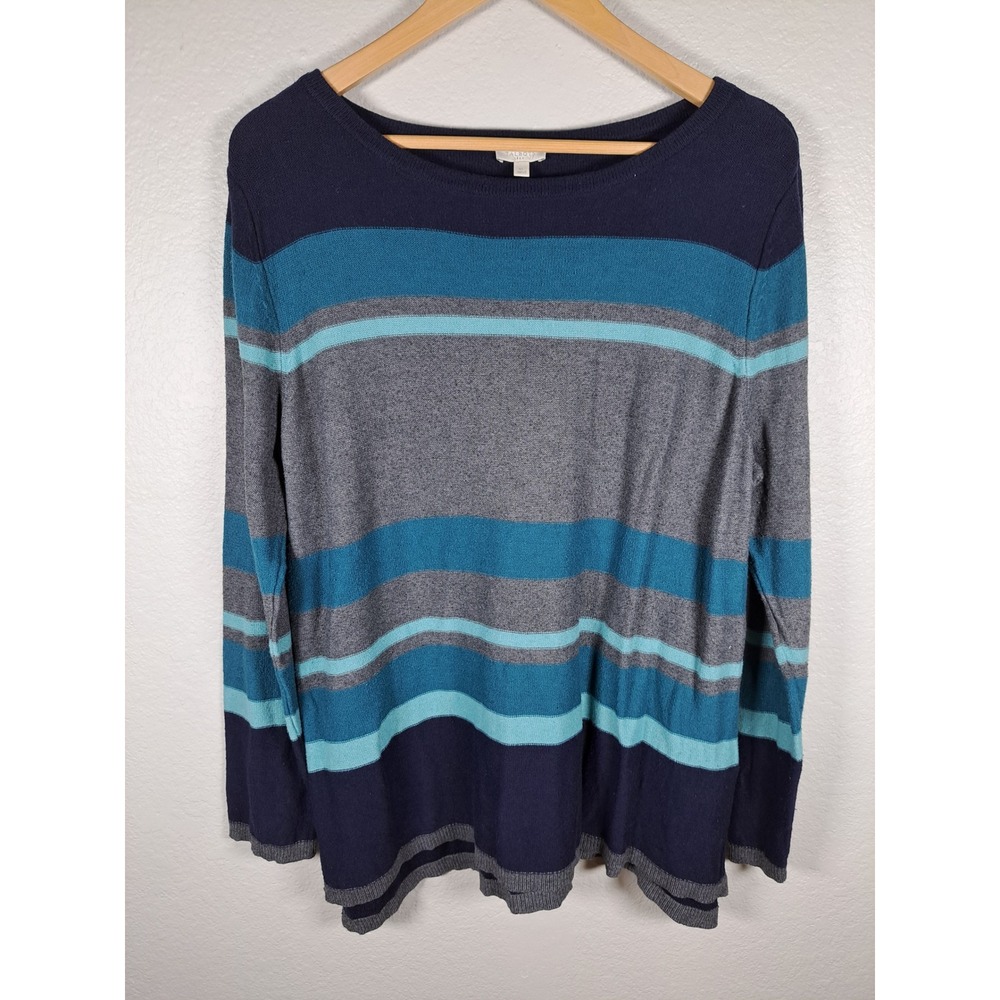Talbots Womens XL Striped Knit Sweater Navy Teal Grey Long Sleeve Scoop Neck